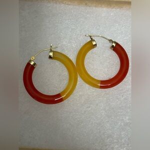 14k Yellow gold Red Yellow orange Jade puffy hoop earrings Vintage